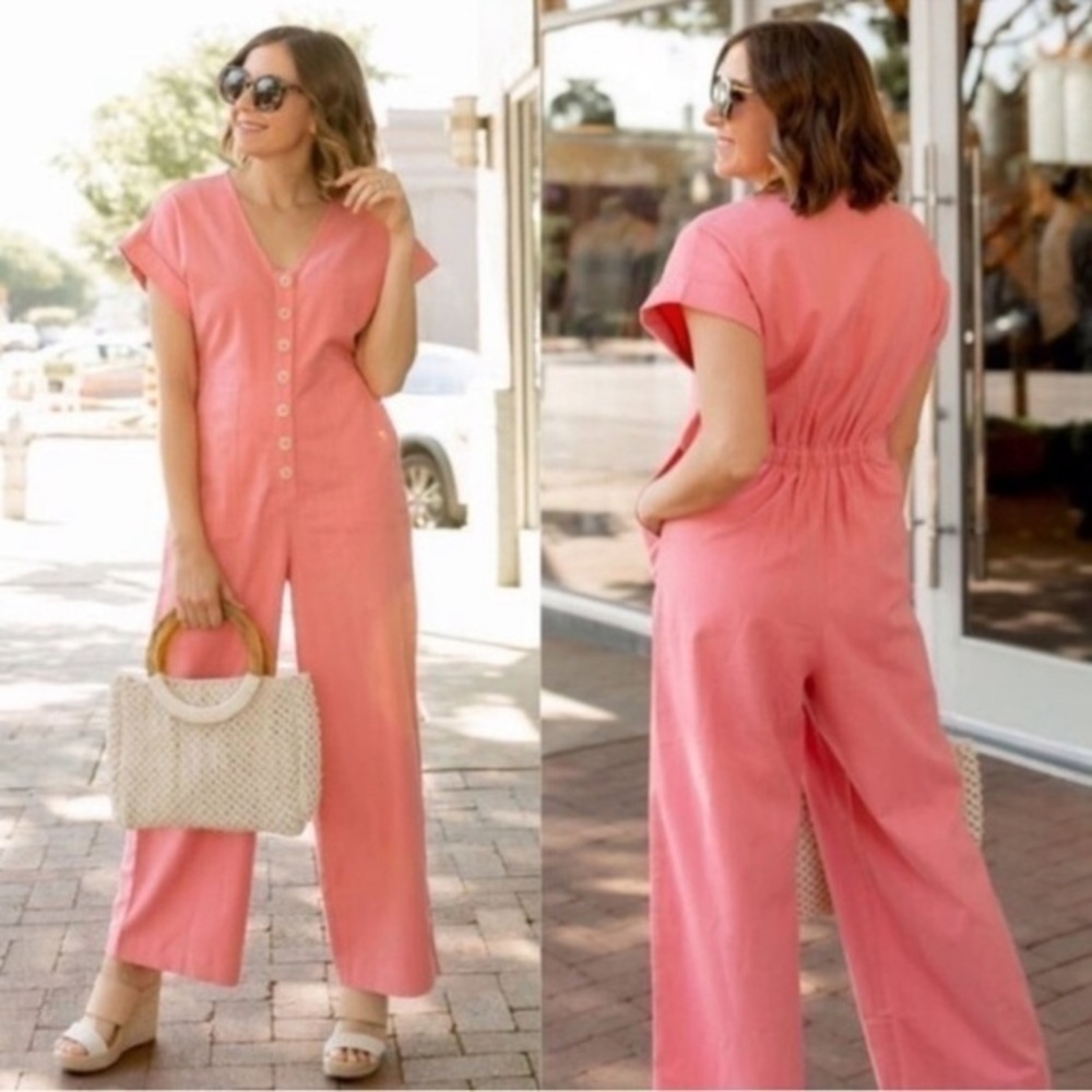 Madewell Button-Front Day Jumpsuit cotton pink
